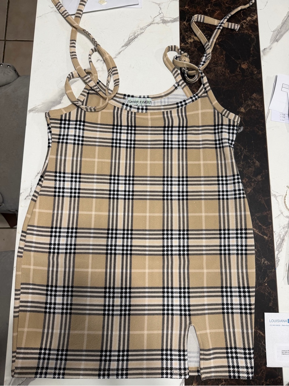 Almost Famous Plaid Headband in Beige Black